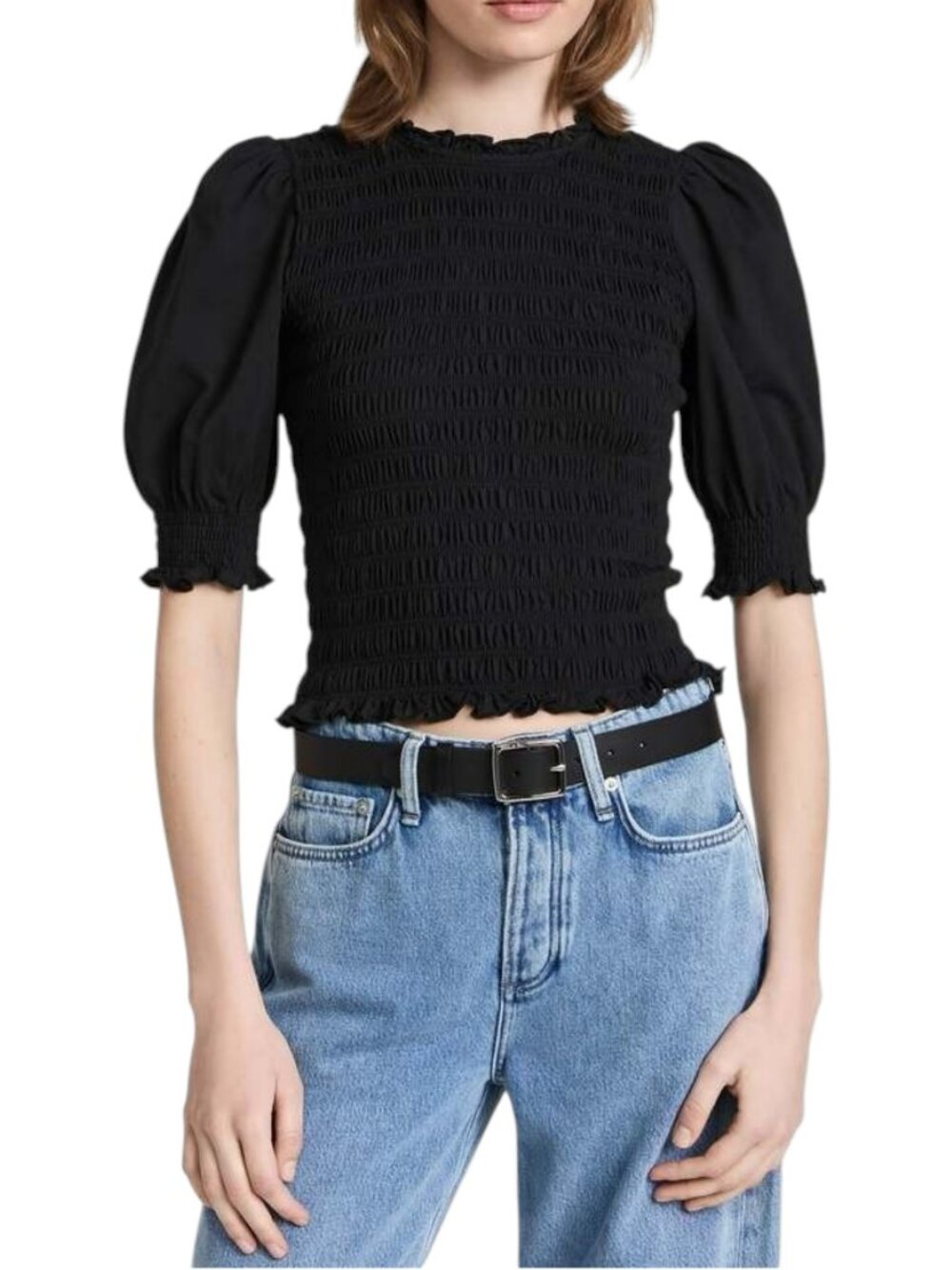 NWT Veronica Beard Langston Smocked Top, Black, XS Puff Sleeve Blouse